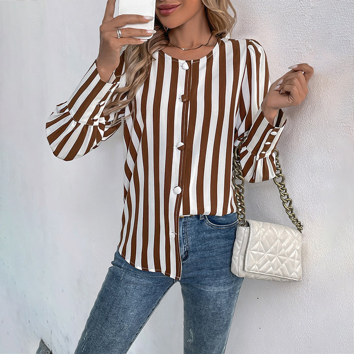 Women Elegant Striped Blouse with Button Details Mune Fashion