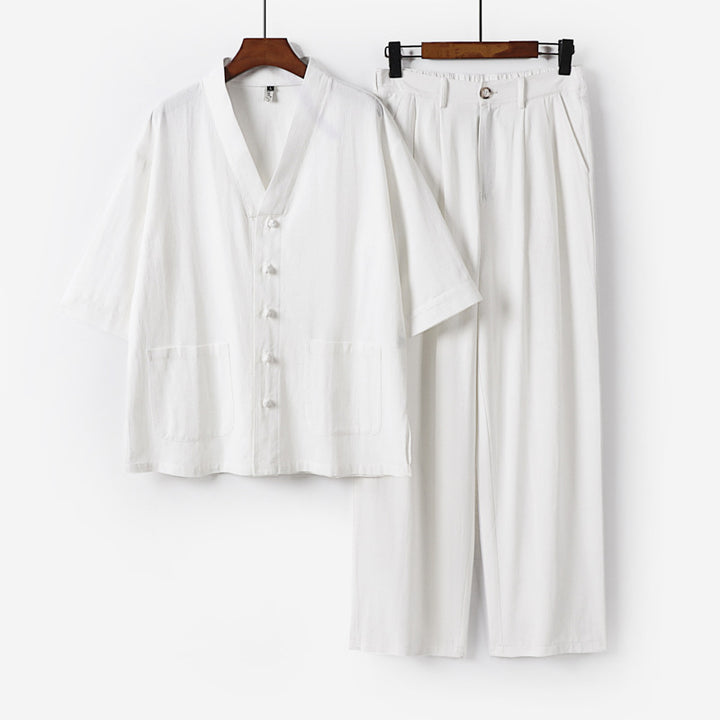 Unisex Zen-inspired Relax Set with short sleeve kimono top, concealed button placket, and elastic waistband pants Mune Fashion
