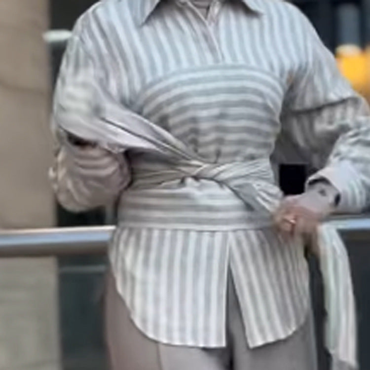 Women Striped Shirt Blouse with Waist Belt, Longer Hem and Side Slit Mune Fashion