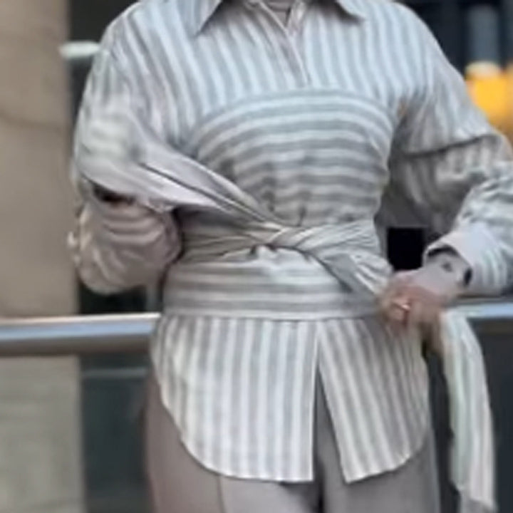 Women Striped Shirt Blouse with Waist Belt, Longer Hem and Side Slit Mune Fashion