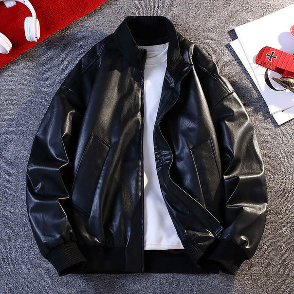 Men's Faux Leather Bomber Jacket with Elastic Ribbed Cuffs and Practical Pockets Mune