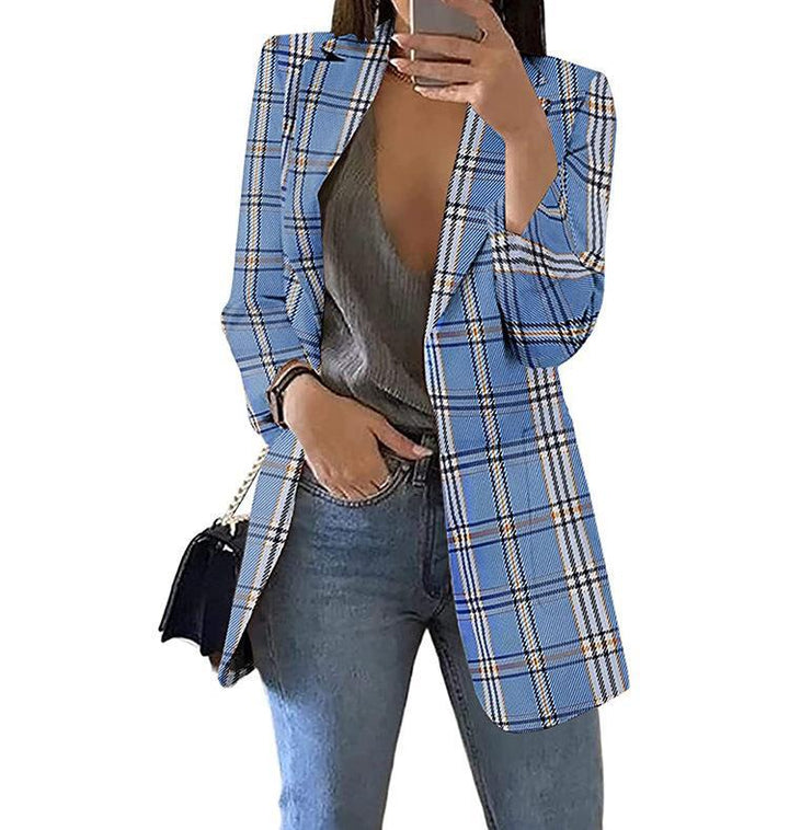 Women's tailored check blazer longline with structured shoulder area and open front Mune Fashion