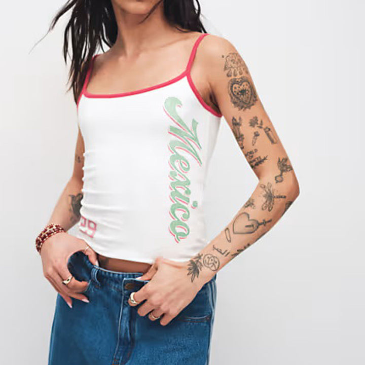 Women’s figure-hugging spaghetti strap top with Italia print and contrast trim Mune Fashion