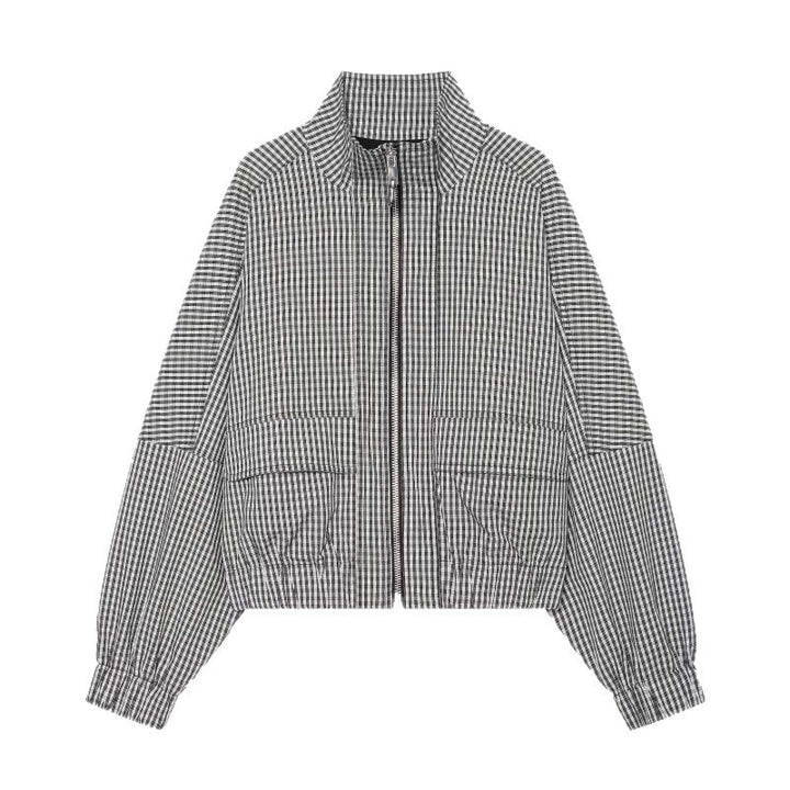 Women Cropped Boxy Jacket in Vichy Check with Stand Collar and Two-Way Zipper Mune Fashion