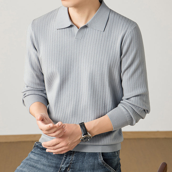 Men's polo collar fine knit sweater with ribbed texture and slim silhouette Mune Fashion