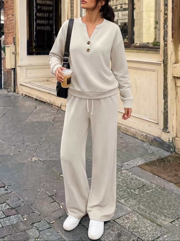Ladies Lounge Set with Henley Collar and Palazzo Wide Jogging Pants Mune Fashion