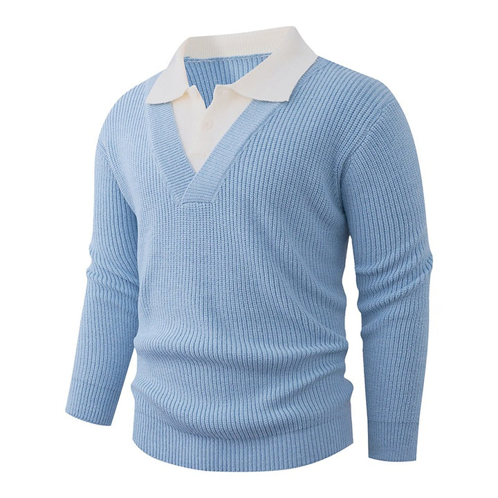Men's fine knit sweater with integrated polo collar and deep V-neck Mune Fashion