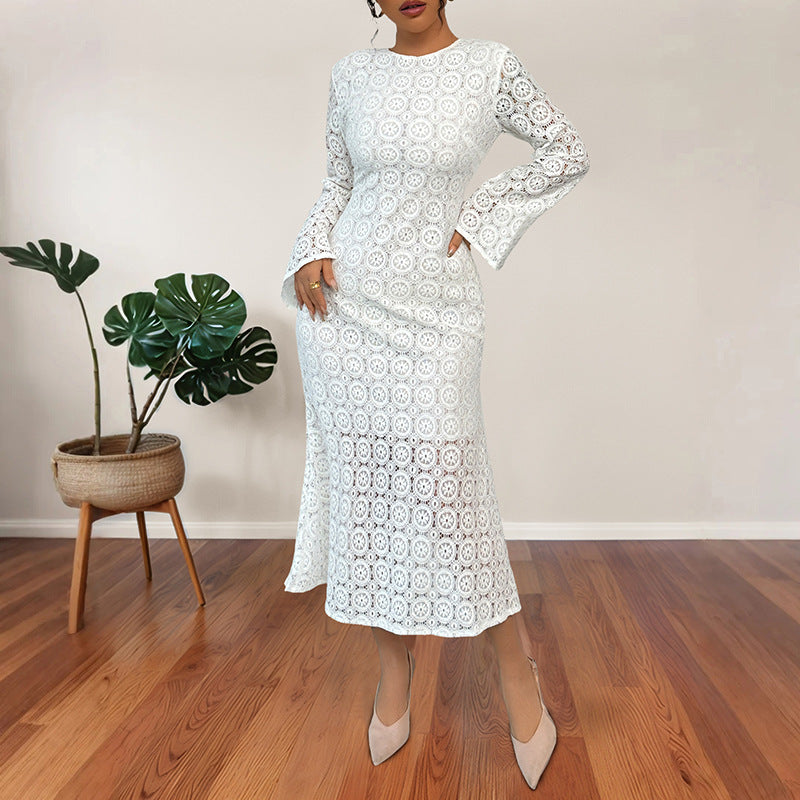 Ladies' midi dress made of crochet lace with a fitted silhouette, trumpet sleeves, and flared hem Mune Fashion