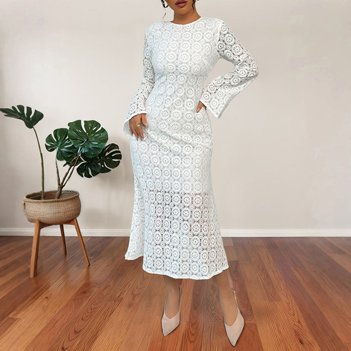 Ladies' midi dress made of crochet lace with a fitted silhouette, trumpet sleeves, and flared hem Mune Fashion