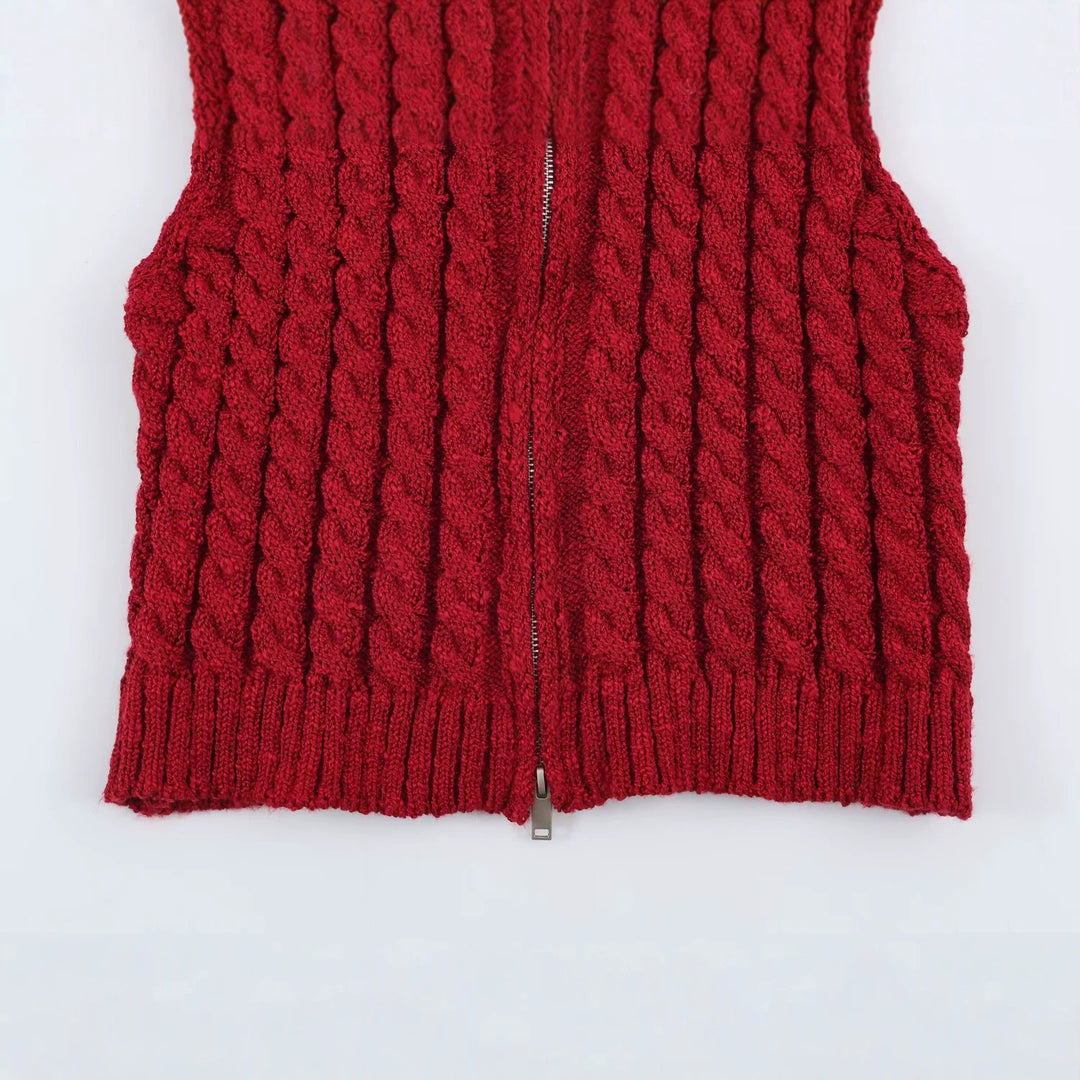 Women Sleeveless Cable Knit Vest with Stand-Up Collar and Full Zipper Mune Fashion