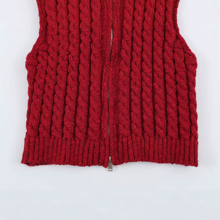 Women Sleeveless Cable Knit Vest with Stand-Up Collar and Full Zipper Mune Fashion