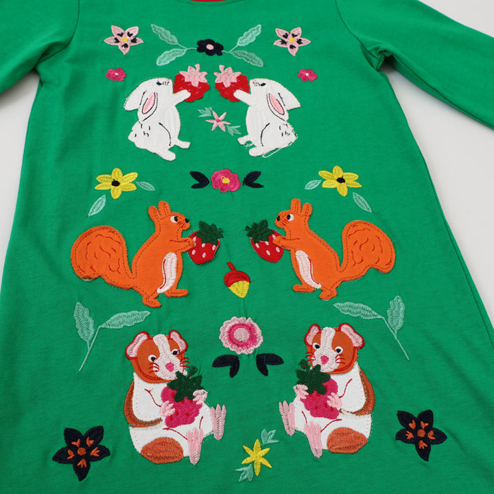 Girl Long Sleeve Dress with Colorful Animal and Flower Embroidery Mune Fashion