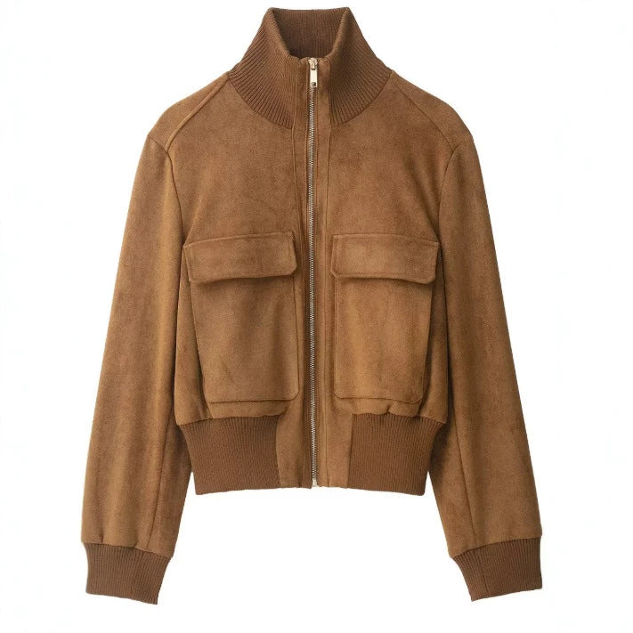 Women's Short Cut Velour Leather Bomber Jacket with Flap Pockets and Stand-Up Collar Mune Fashion