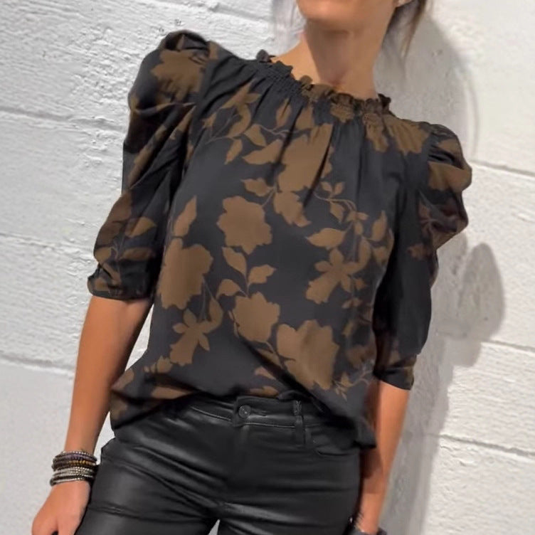 Women's wide-cut slip blouse with smocked ruffle collar and elbow-length puff sleeves Mune Fashion