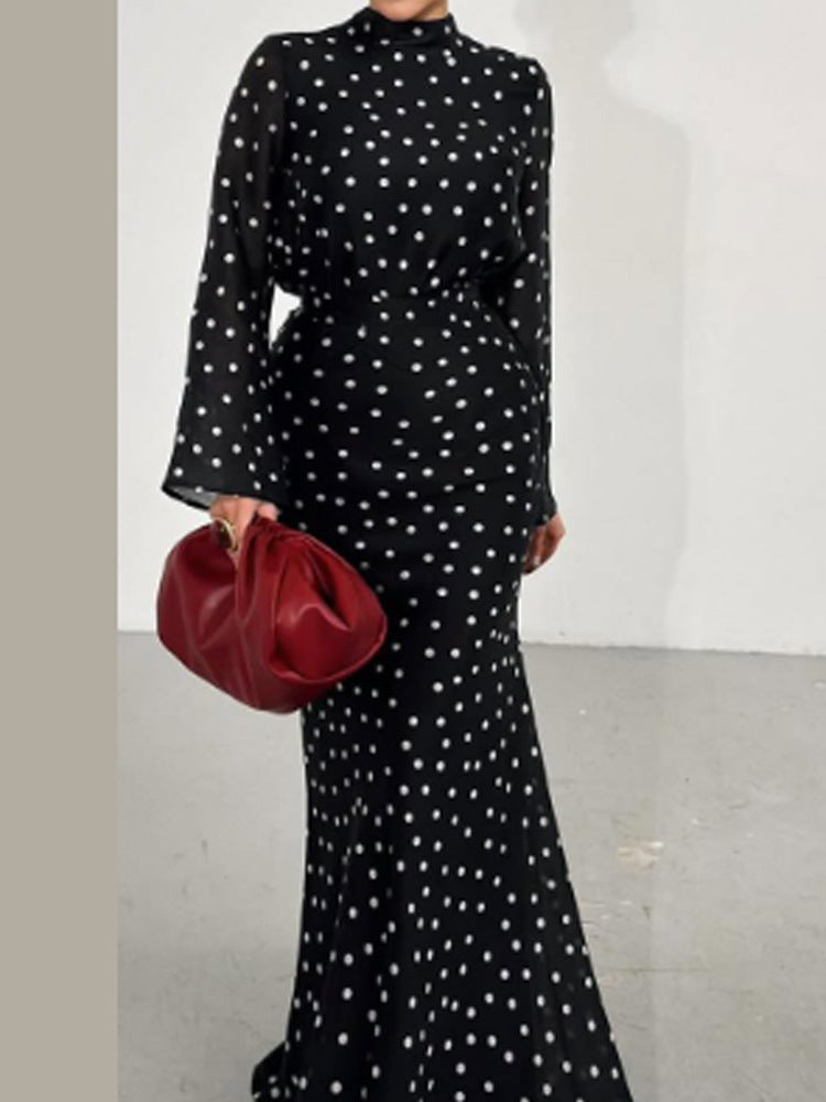 Women's maxi dress with waist-accentuating mermaid silhouette and polka dot print Mune Fashion