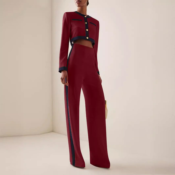 Women's Short Cropped Tailoring Set with Contrast Piping and High-Waist Palazzo Pants Mune Fashion