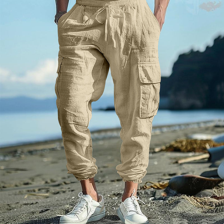 Men's Casual Linen Cargo Joggers with Drawstring Waist, Large Flap Pockets and Elastic Ankle Cuffs Mune Fashion