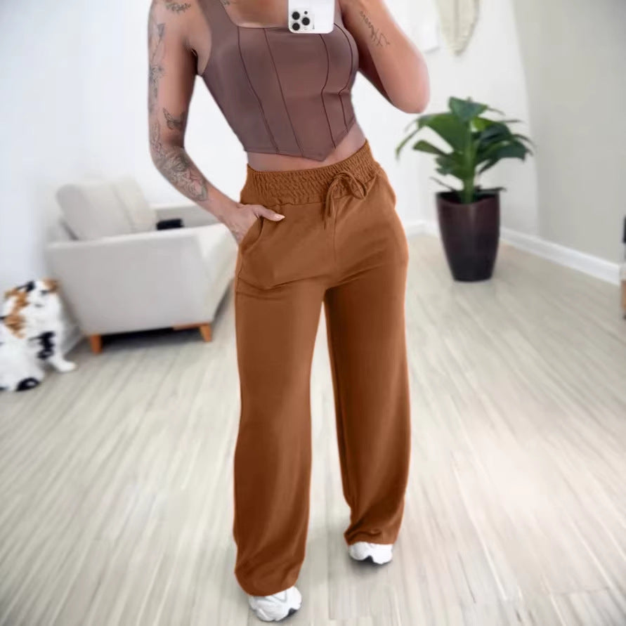 Ladies high-waisted lounge pants with wide leg, drawstring and side pockets Drune