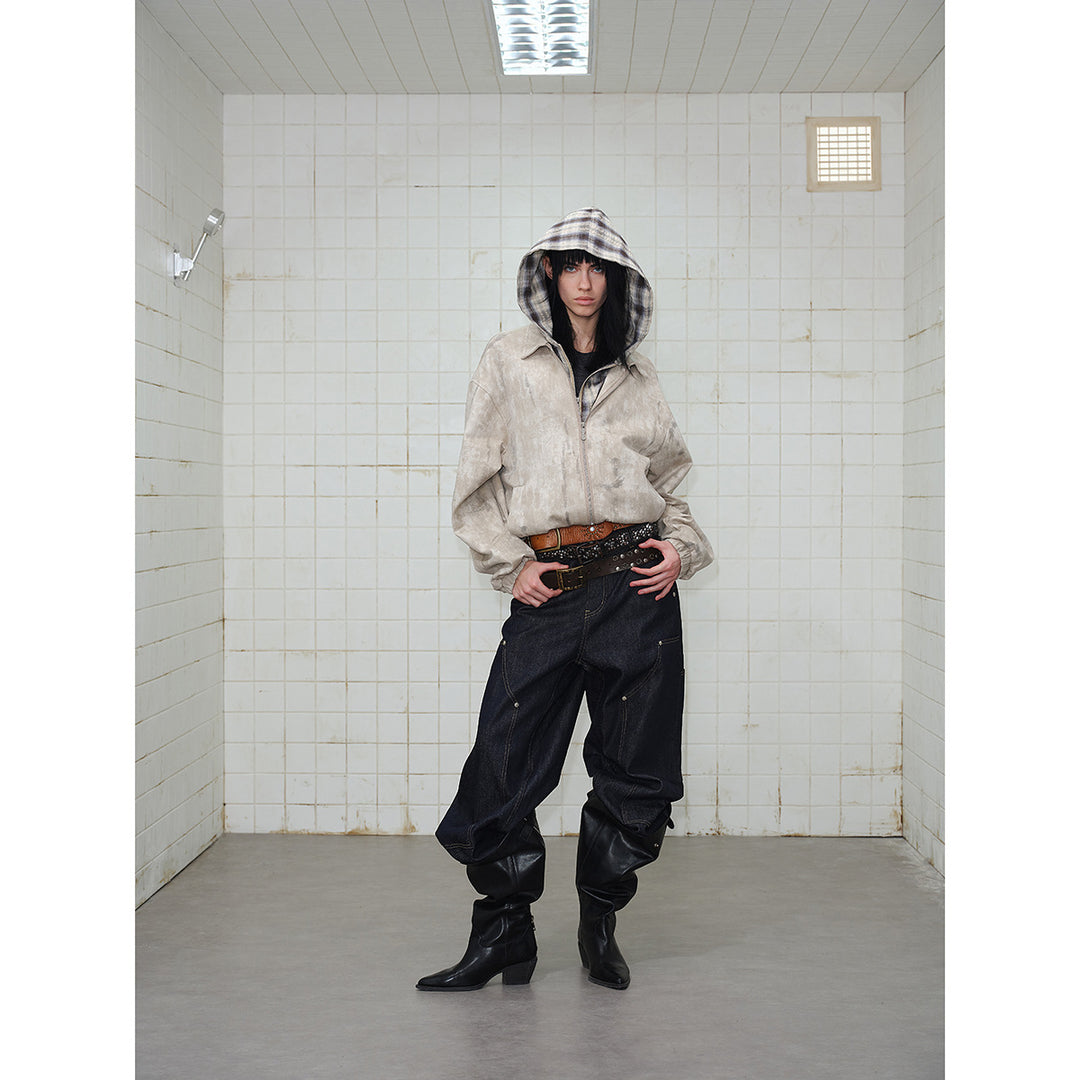 Unisex Short Cut Boxy Jacket in Suede Look with Checked Lined Hood Mune Fashion