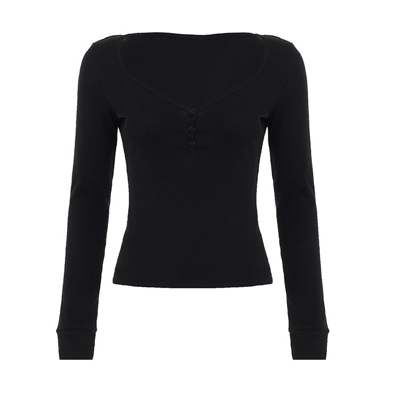 Women's form-fitting ribbed long sleeve Henley top with deep V-neck and button placket Mune Fashion