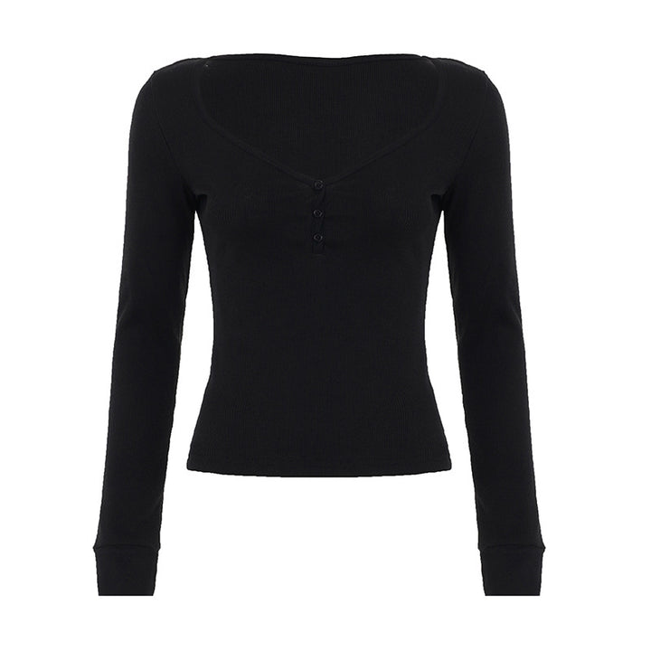 Women's form-fitting ribbed long sleeve Henley top with deep V-neck and button placket Mune Fashion