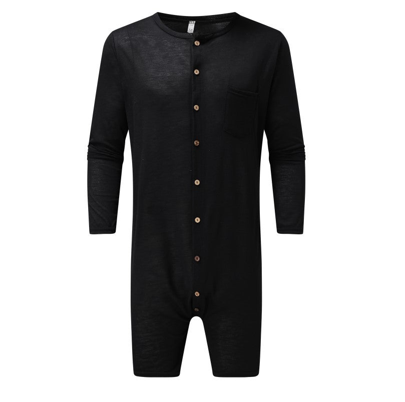 Men's comfortable short overall with round neck, continuous wooden button placket and chest pocket Mune Fashion