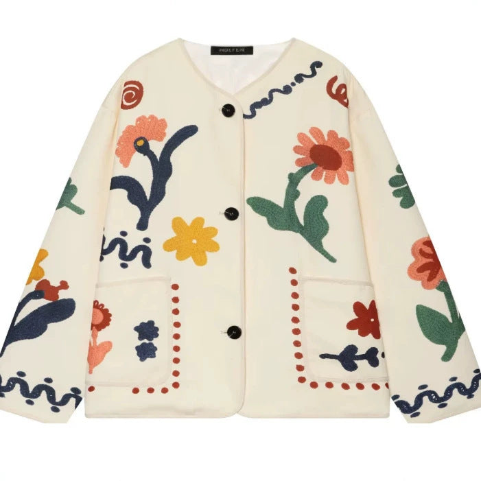 Women's Boxy Cardigan Jacket with Floral Appliqués and Patch Pockets Mune Fashion