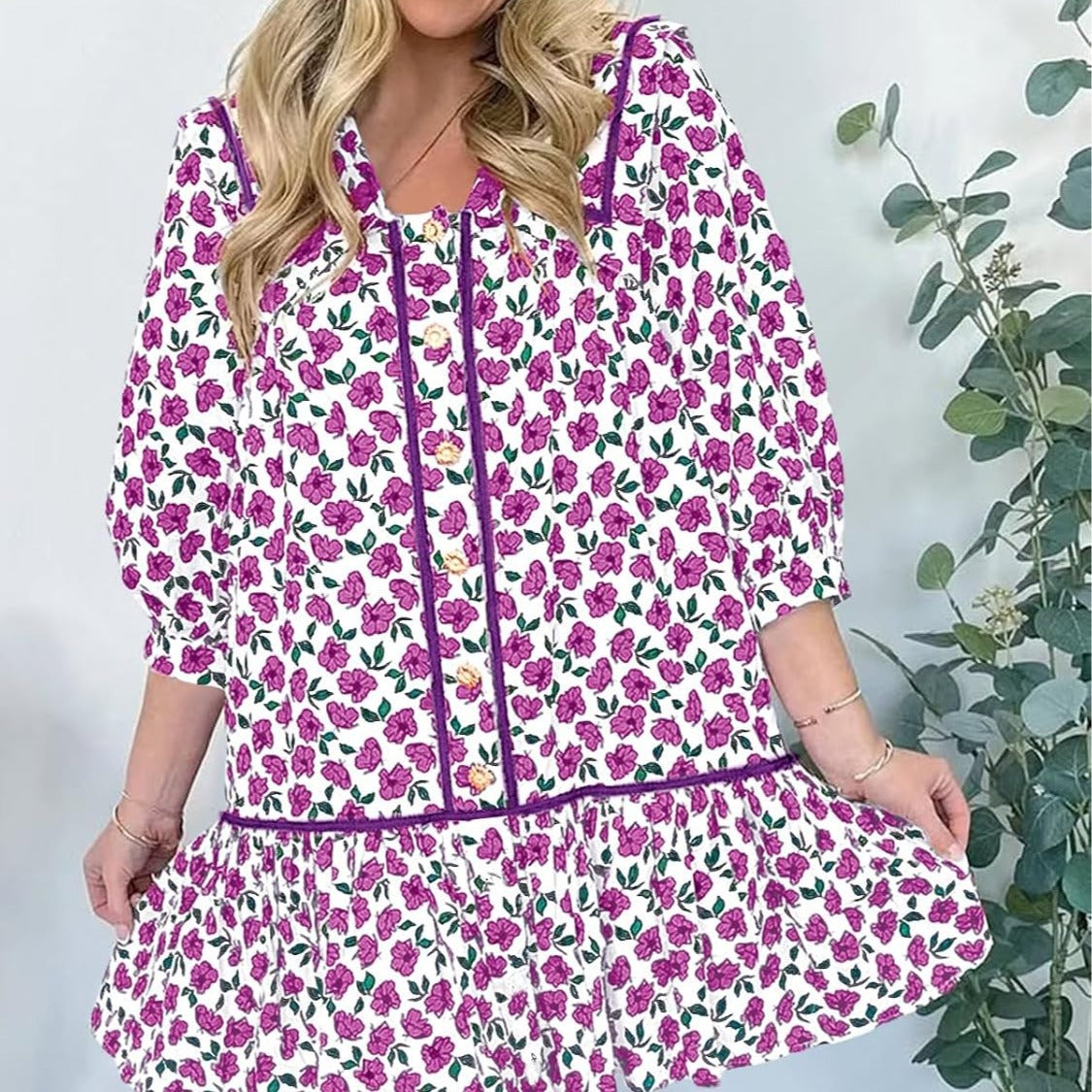 Women's Floral Mini Shirt Dress with Oversized Sailor Collar Mune Fashion