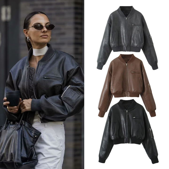 Women's Cropped Bomber Jacket in Vintage Leather Look with Arm Pocket and Wide Ribbed Cuff Mune Fashion