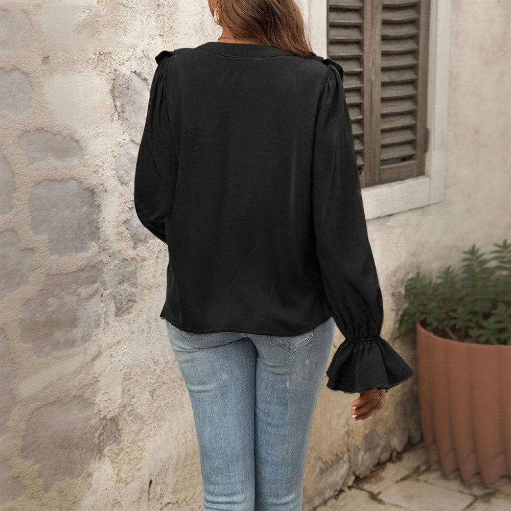 Women feminine ruffle blouse with V-neck, flounce row and bell sleeves Mune Fashion