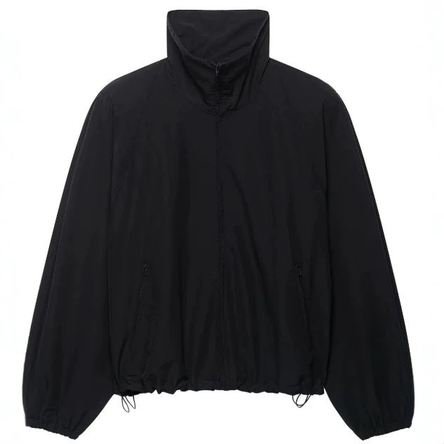 Women's Lightweight Oversized Bomber Style Windbreaker with High Standing Collar and Drawstring Mune Fashion