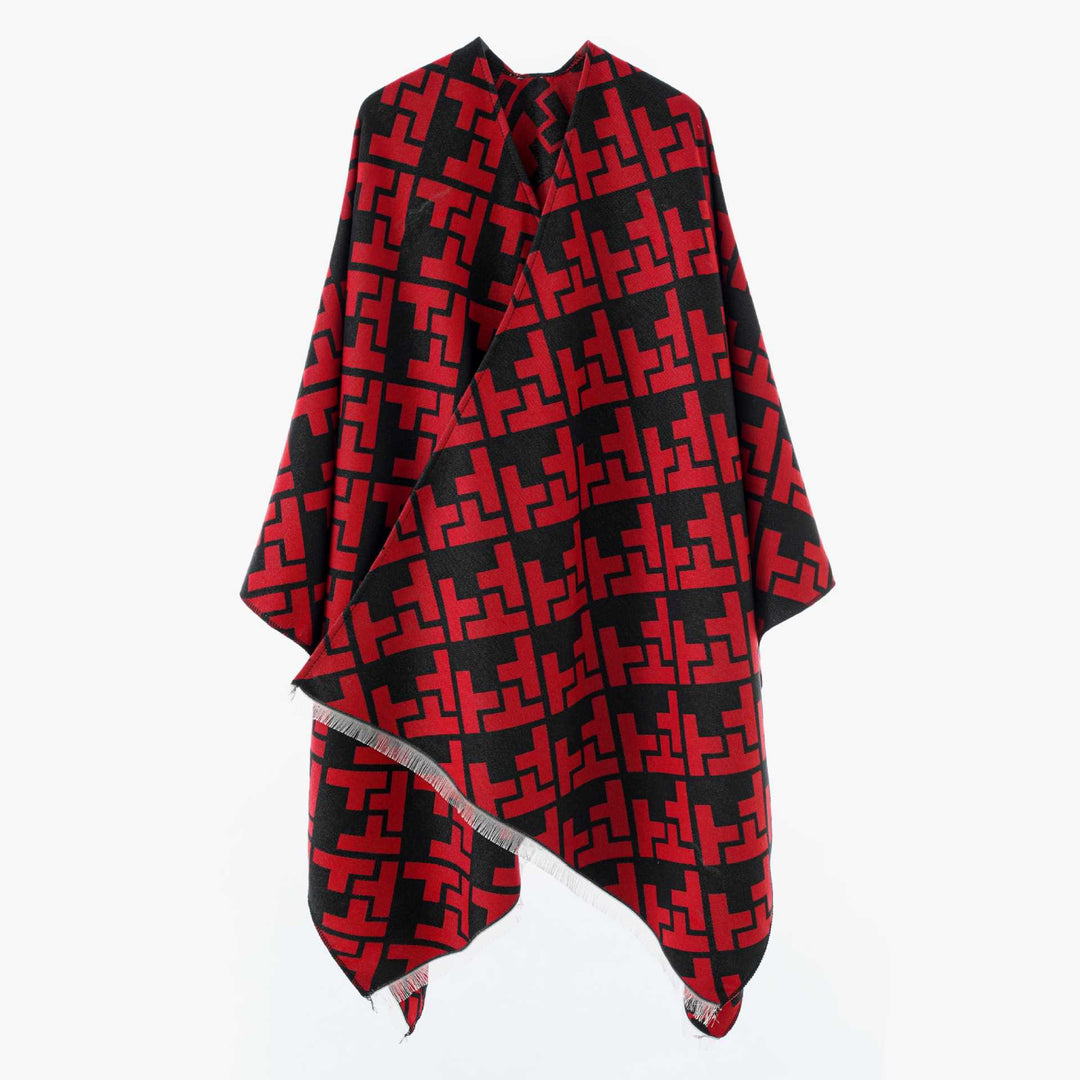 Women's Oversize Cape with Geometric Jacquard and Fringe Hem Mune Fashion