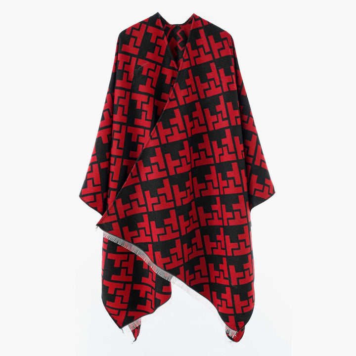 Women's Oversize Cape with Geometric Jacquard and Fringe Hem Mune Fashion