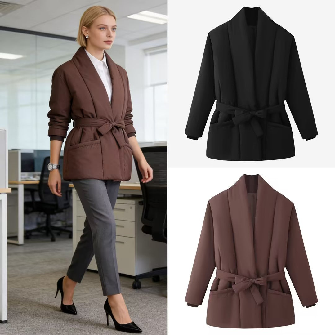Women's Short Quilted Padded Jacket with Shawl Collar and Waist Belt Mune Fashion