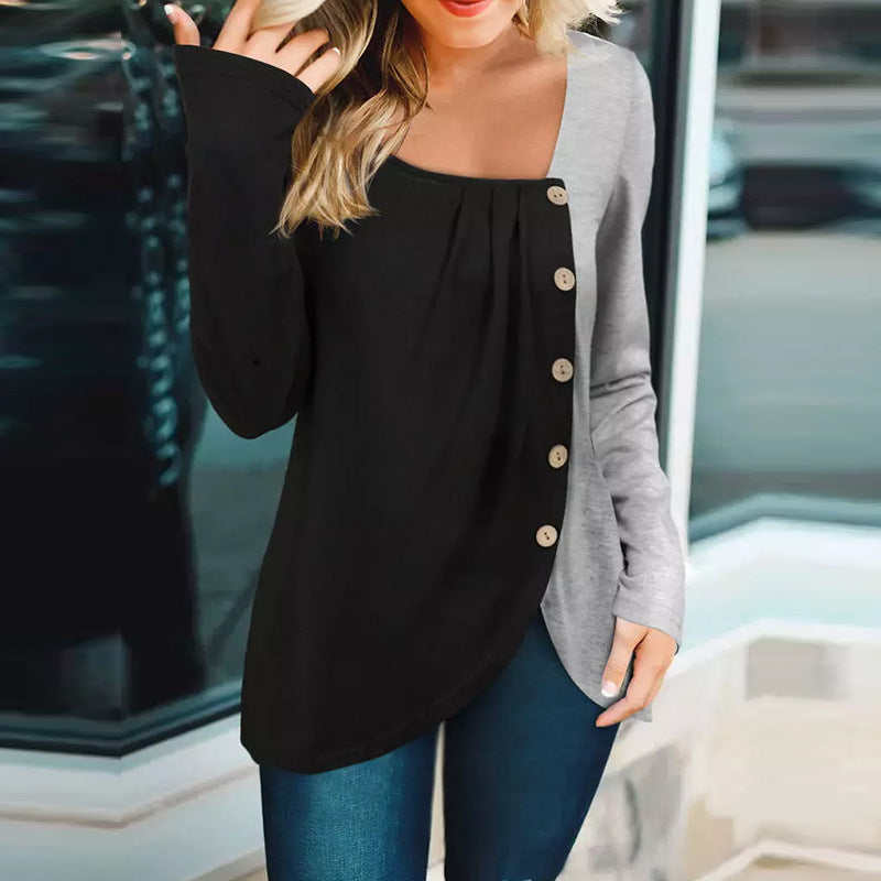 Women's long sleeve shirt with asymmetric hem, two-tone look and decorative button placket Mune Fashion