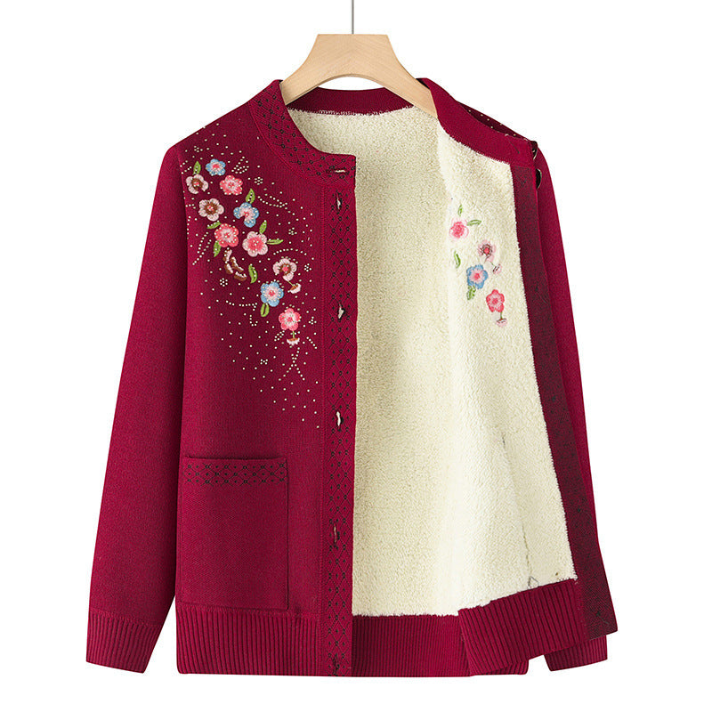 Women's embroidered cardigan with round neck, patch pockets, and decorative button placket Mune Fashion