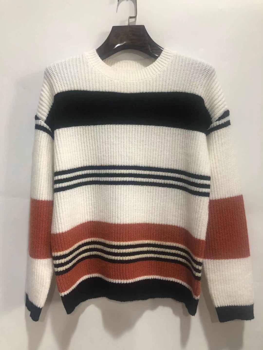 Women's Oversize Waffle Knit Sweater with Block Stripes and Dropped Shoulders Mune Fashion