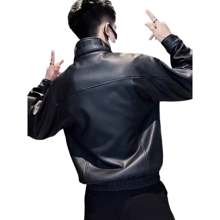 Men's biker-inspired faux leather bomber jacket with stand-up collar and elastic hem Mune Fashion