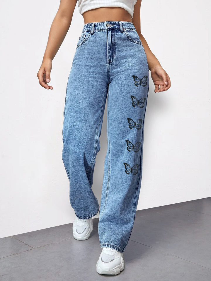 Ladies High-Waist Loose-Fit Denim Pants with Side Butterfly Print Mune Fashion