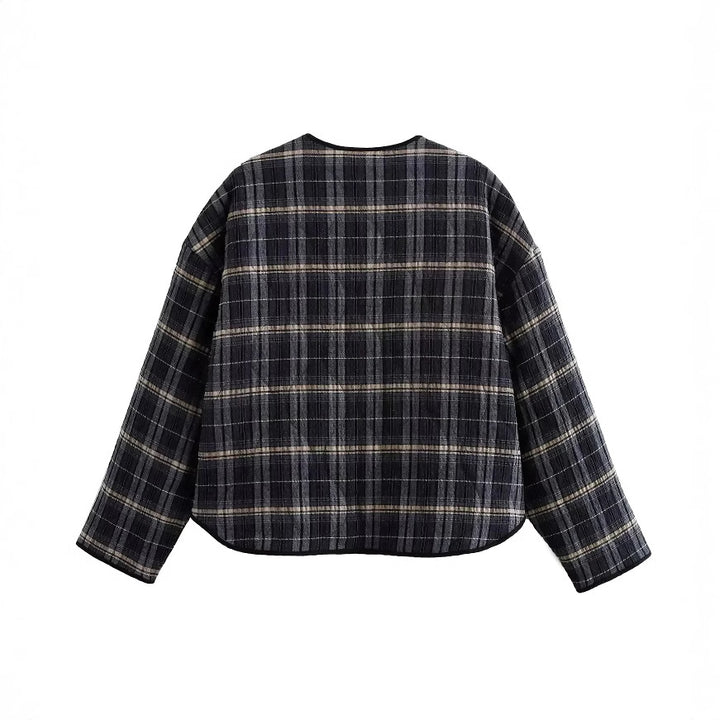 Women's quilted check jacket with round neck, light padding, and oversized patch pockets Mune Fashion