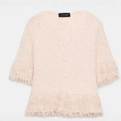 Women's Short Sleeve Boucle Cardigan with Textured Knit, Fringe Trim and Covered Buttons Mune Fashion