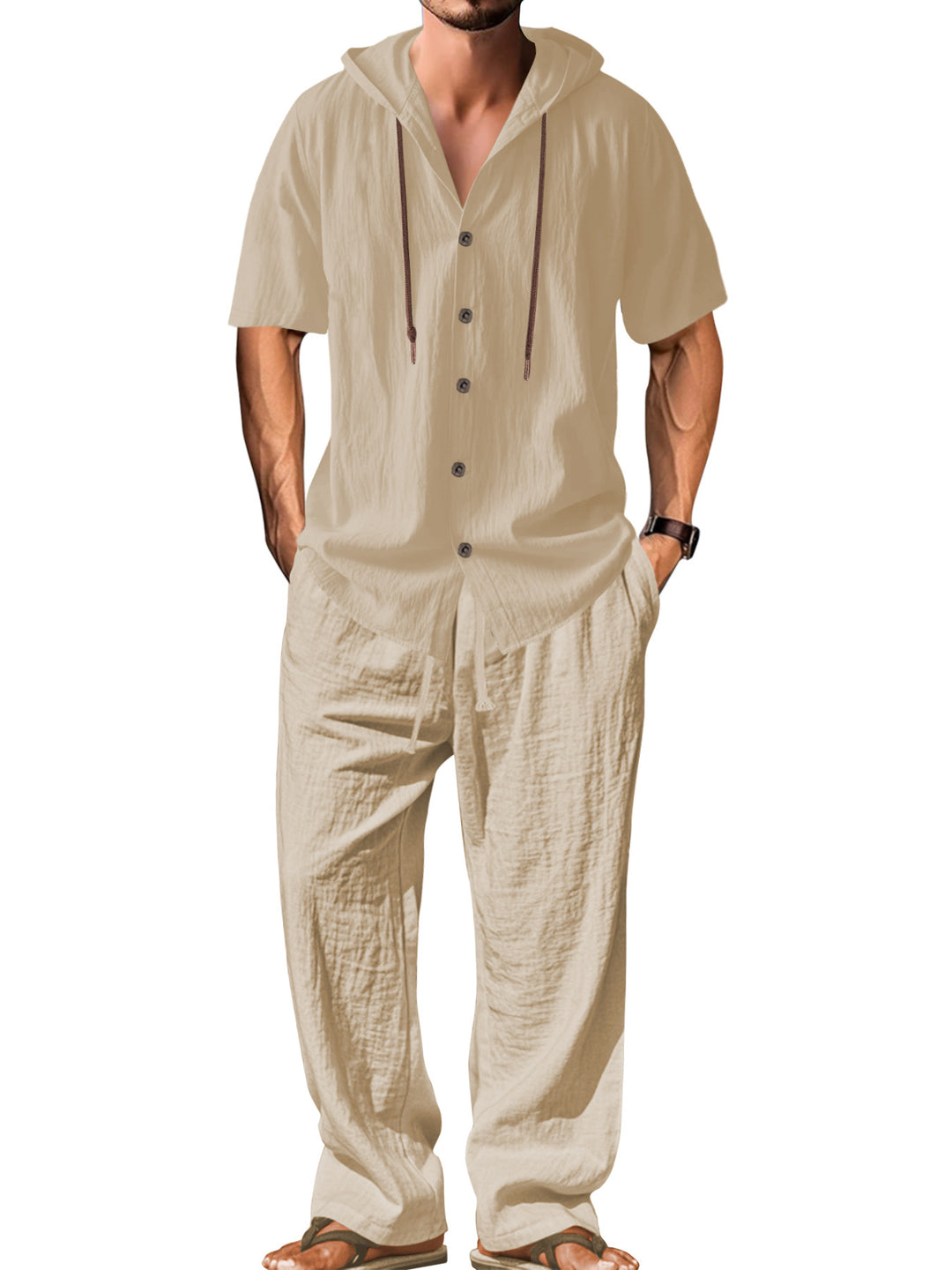 Men's airy linen lounge set with short-sleeved hoodie and straight relaxed pants Mune Fashion