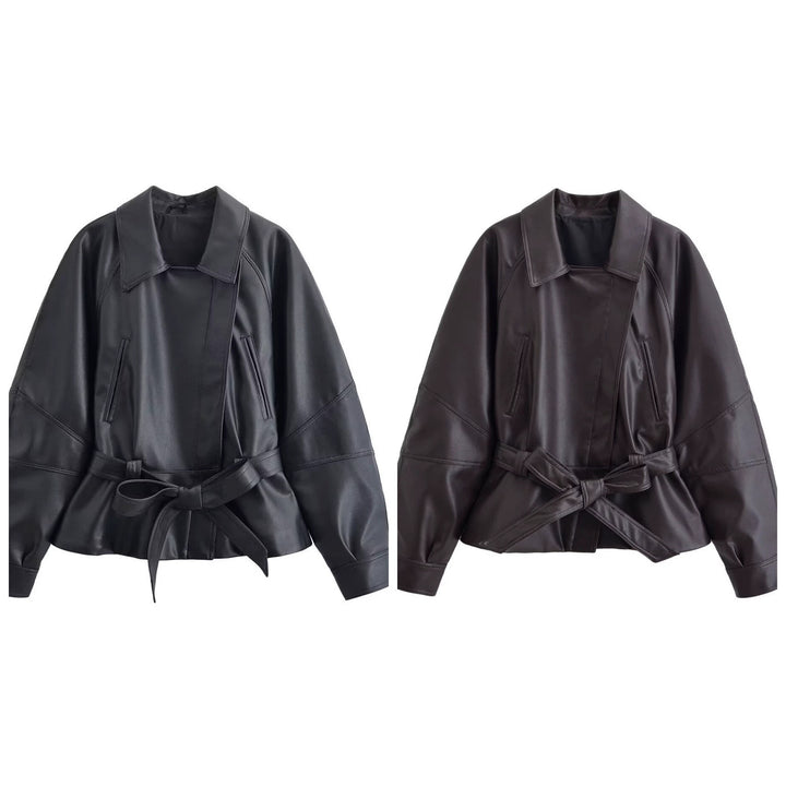 Women's short cut leather look jacket with waist belt and raglan sleeves Mune Fashion