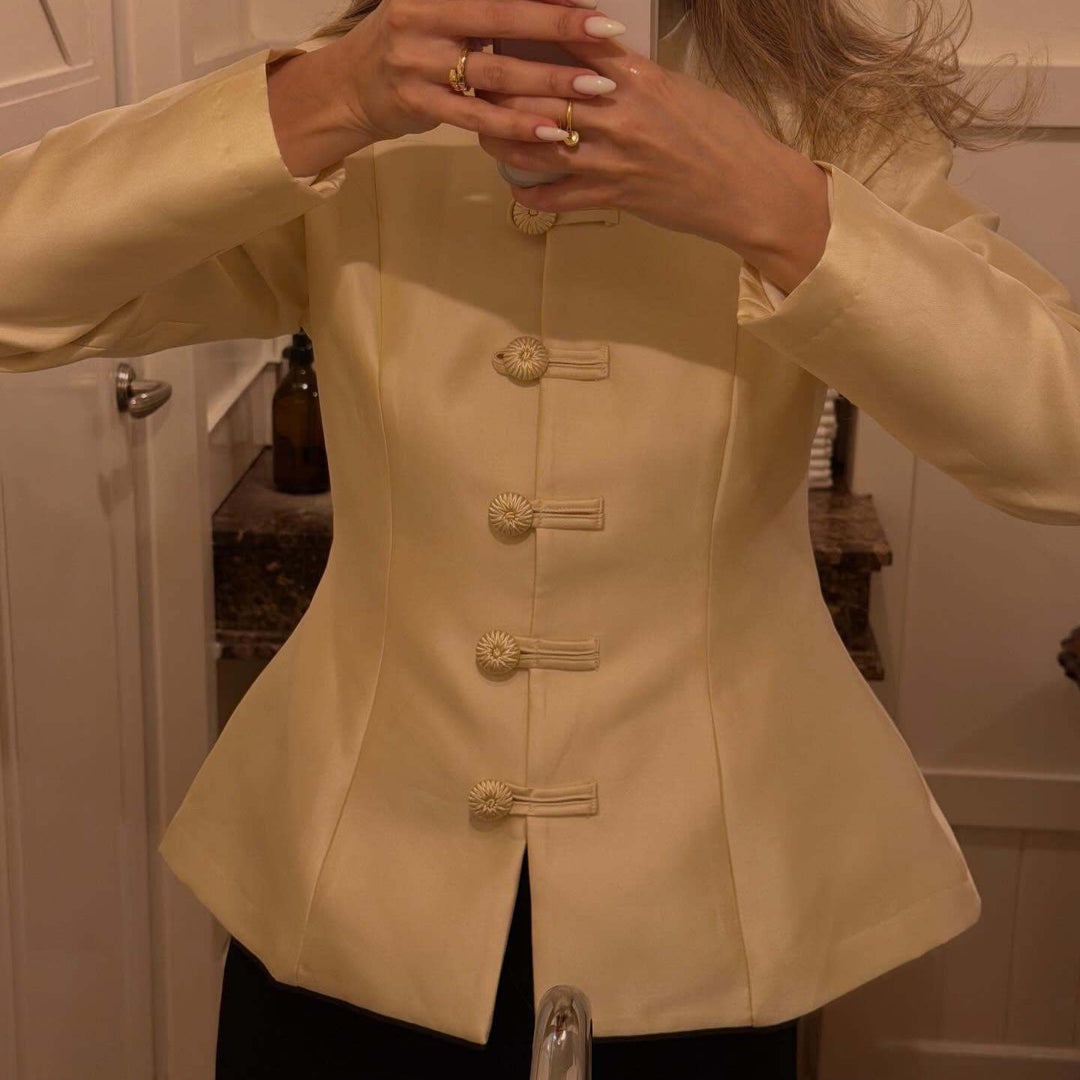 Women's Tailored Satin Blazer with Stand Collar, Decorative Cord Buttons and Peplum Mune Fashion