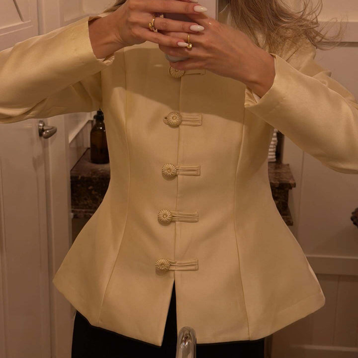 Women's Tailored Satin Blazer with Stand Collar, Decorative Cord Buttons and Peplum Mune Fashion