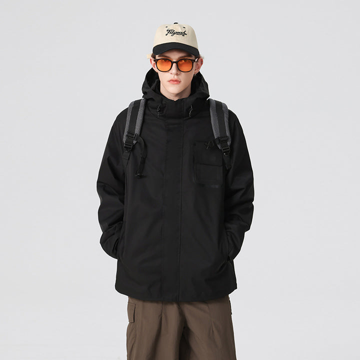 Men's waterproof utility outdoor jacket with concealed front, hood, and functional chest pocket Drune
