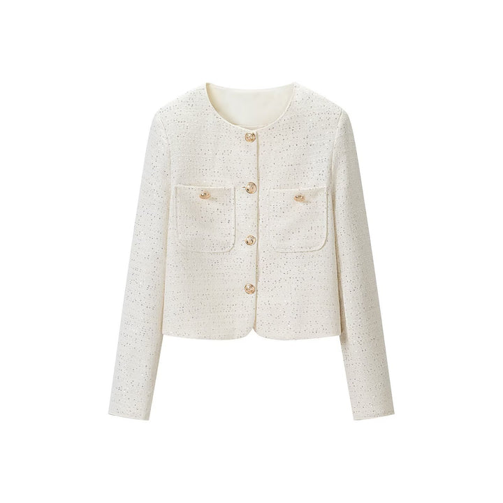 Women Short-Cut Tweed Jacket in Boucle Look with Round Neckline, Decorative Buttons and Flap Pockets Mune Fashion