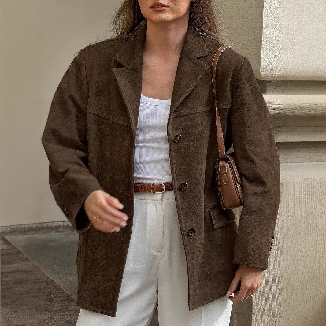Women Oversized Suede Blazer with Lapels and Flap Pockets Mune Fashion