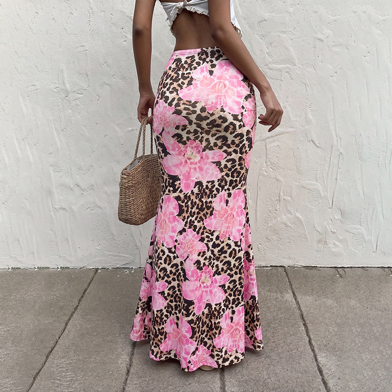 Women Figure-hugging Maxi Skirt in Mermaid Cut with Flower Leopard Print Mune Fashion