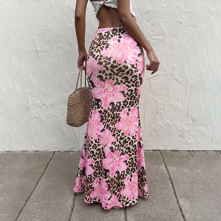 Women Figure-hugging Maxi Skirt in Mermaid Cut with Flower Leopard Print Mune Fashion